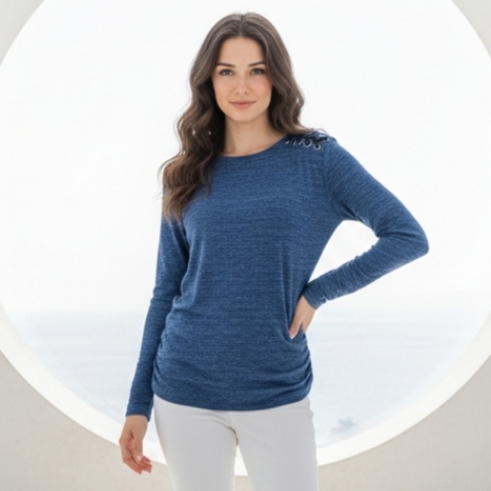 NY Collection Women's Blue Long Sleeve Ruched Sides Pullover Top Size Medium